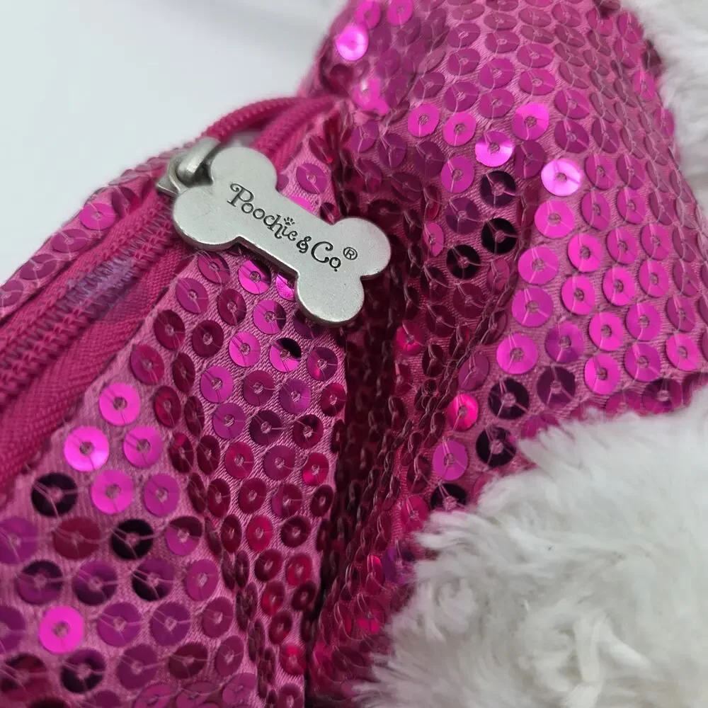 Poochie & Co White Poodle Plush Purse Hot Pink Sequin Girls Shoulder Bag